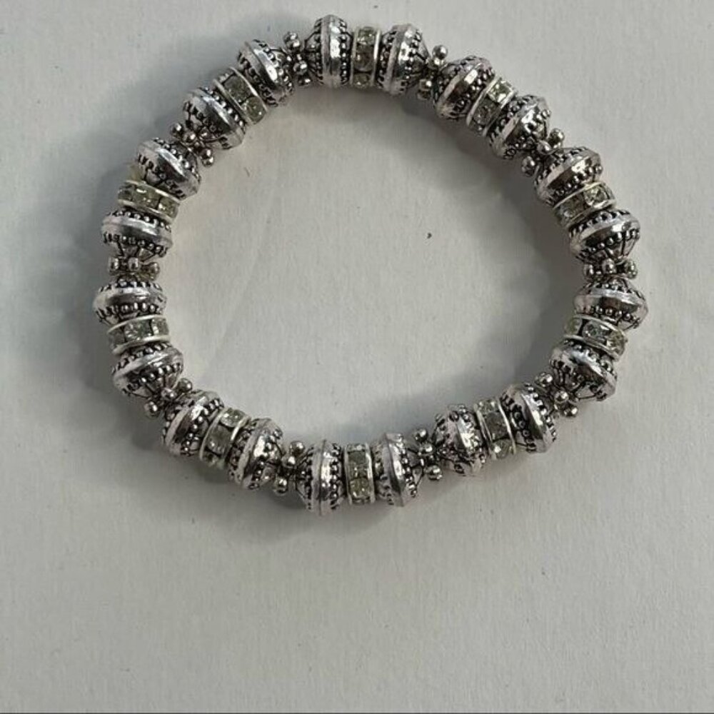 Silver Tone Bracelet with Geometric Design Beads Stretchy Band - Picture 4 of 4